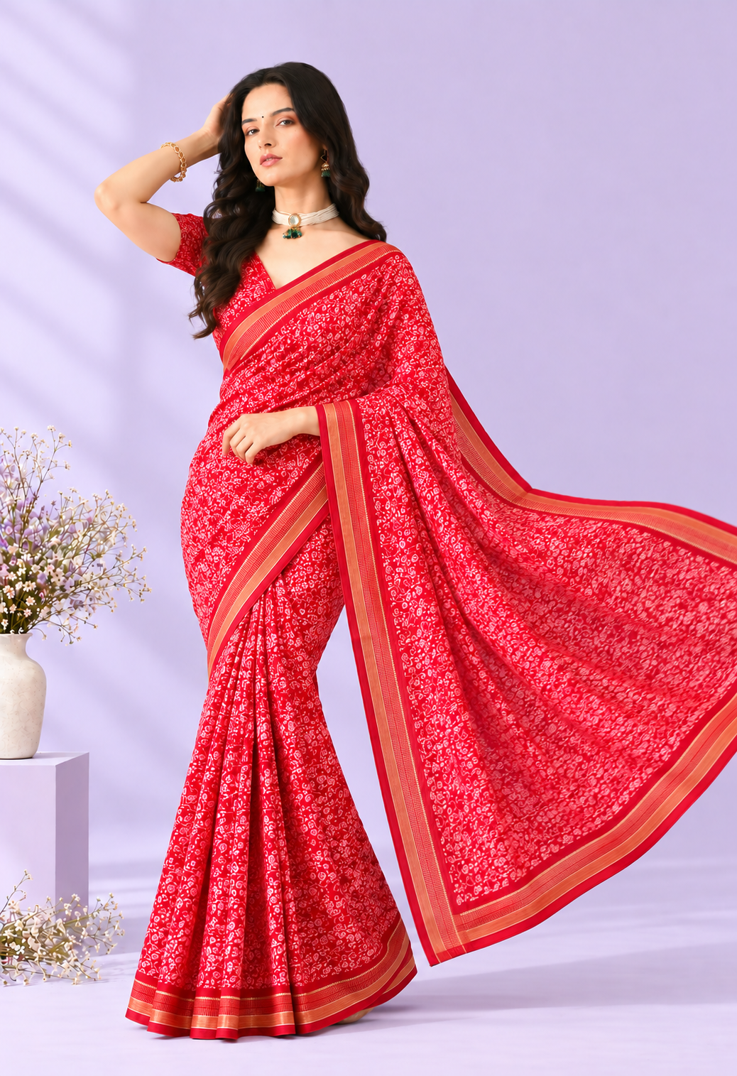 Elegant Red Chiffon Saree with Delicate Floral Print and Traditional Border