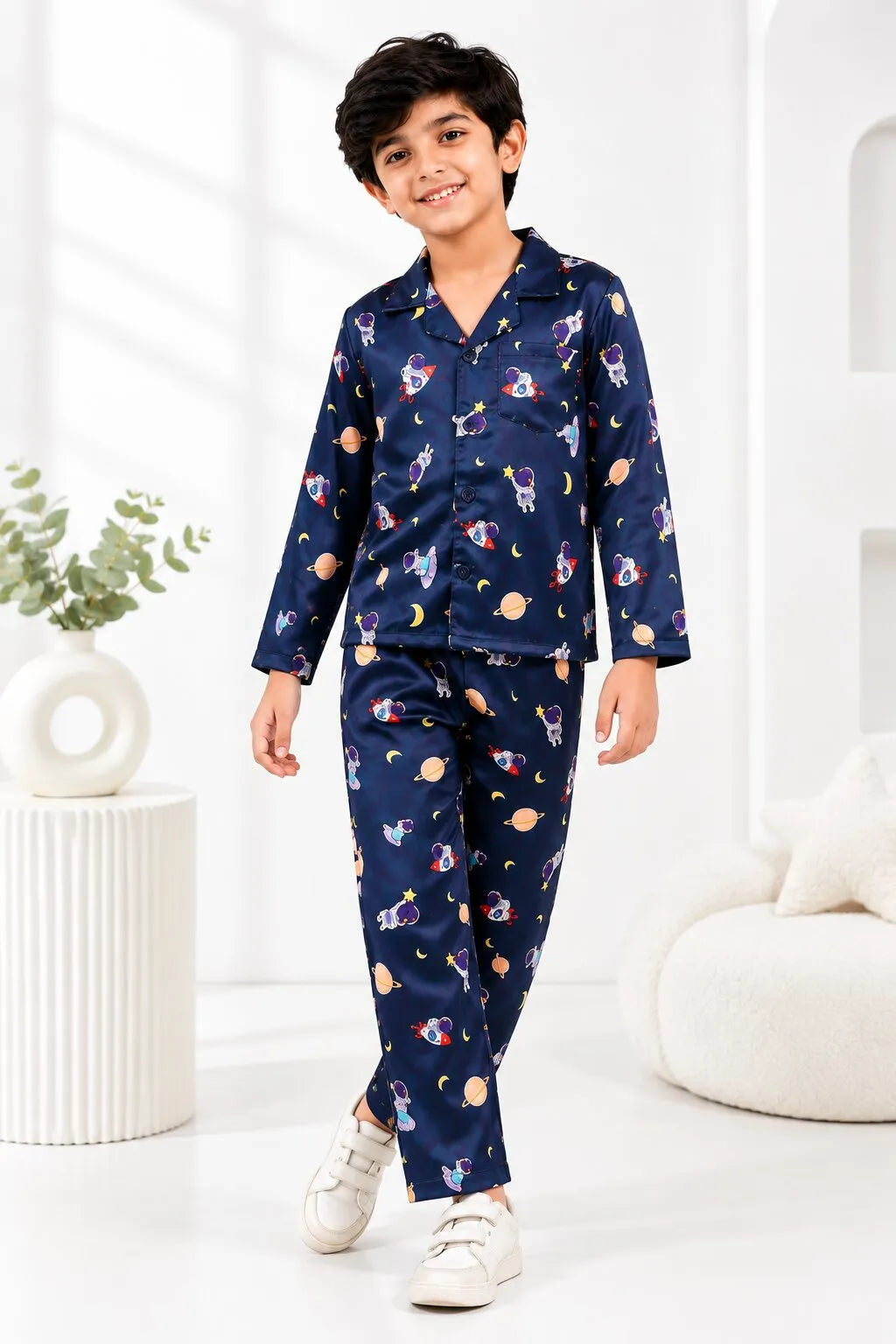 Kids Boys Navy Blue & Multi Satin Space Print Nightsuit Set