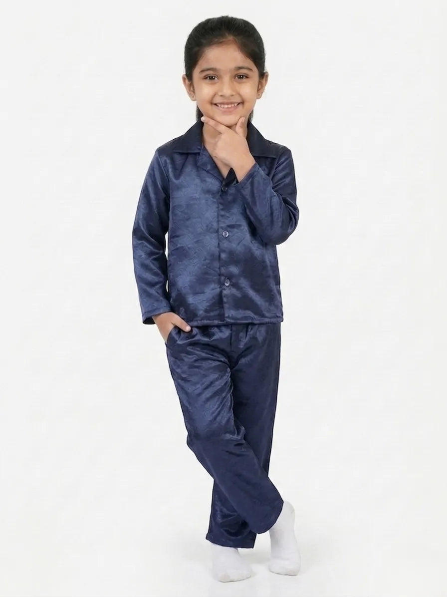 Girls Navy Blue Luxury Satin Night Suit Set – Smooth Full-Sleeve Shirt & Relaxed Pyjamas