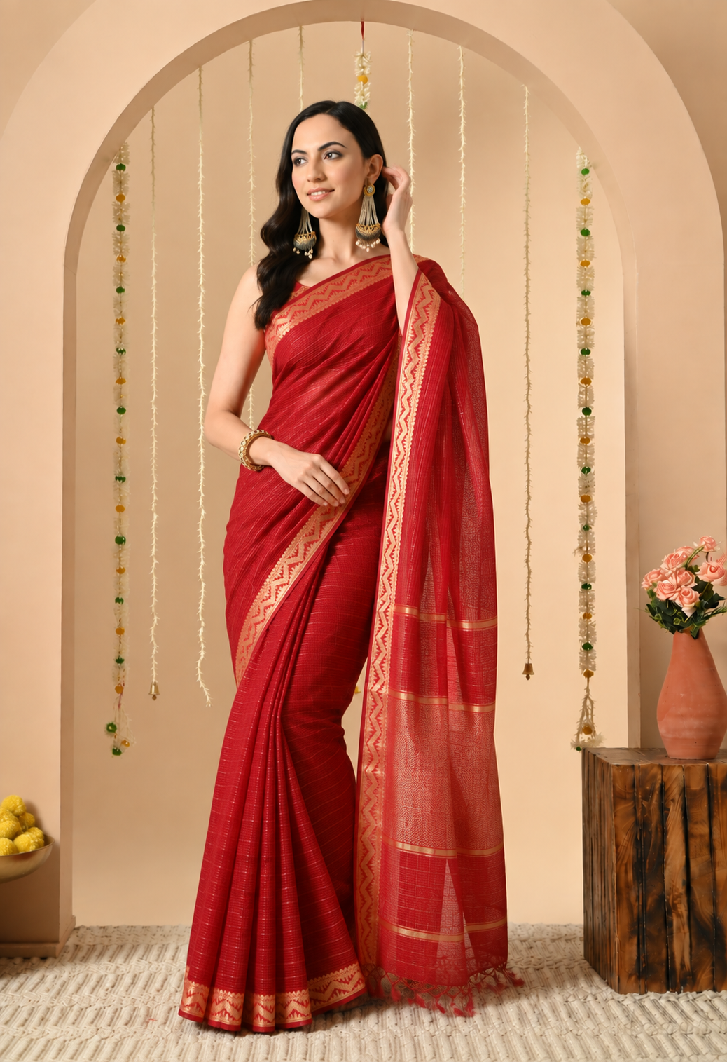 Women Red Cotton Saree with Woven Geometric Border