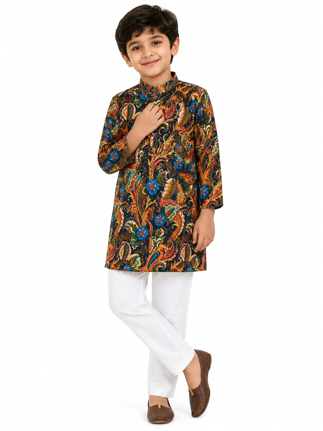 Boys Multicolor Kalamkari Print Pure Cotton Kurta with Pyjamas