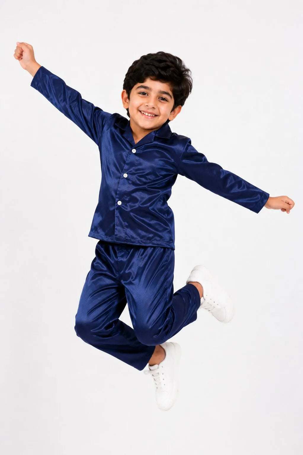 Boys' Navy Blue Luxury Satin Night Suit Set – Smooth Full-Sleeve Shirt & Relaxed Pyjamas