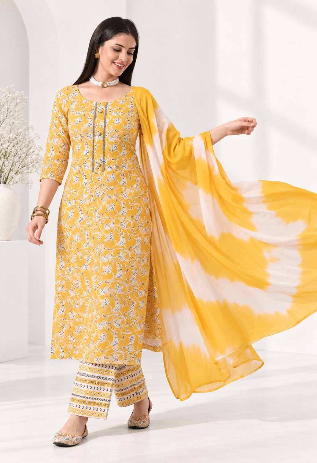 Yellow Cotton Printed Straight Kurta Set with Chiffon Dupatta