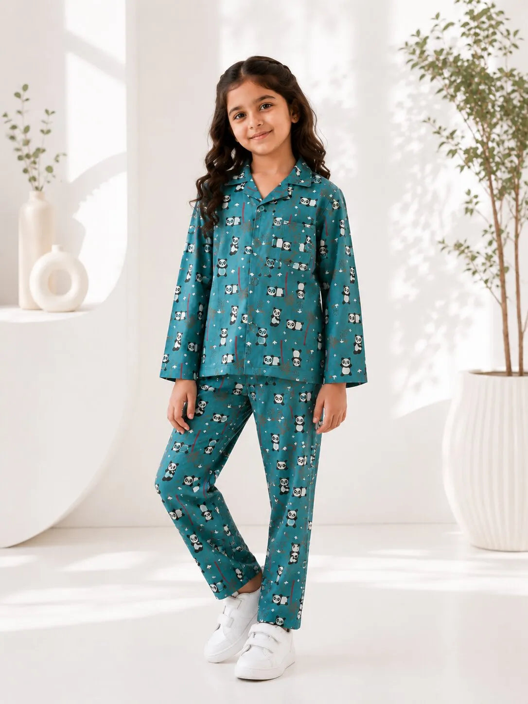 Girls Blue Panda Printed Satin Night Suit