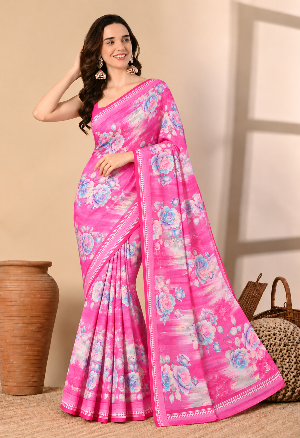 Pink Floral Printed Silk Blend Saree