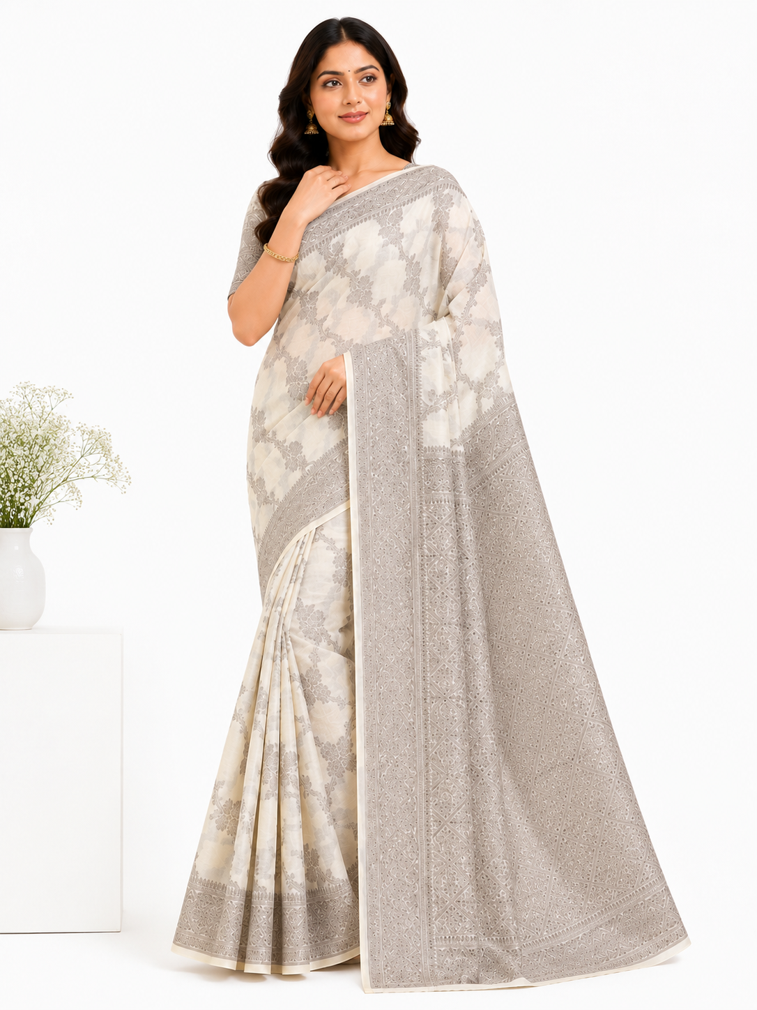 Women Cream & Champagne-Gold Ethnic Motifs Woven Design Art Silk Saree