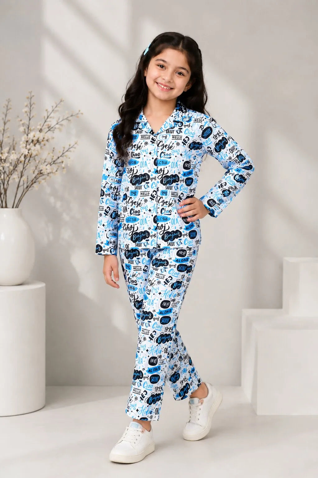 Girls Satin "Hello" Multilingual Print Night Suit