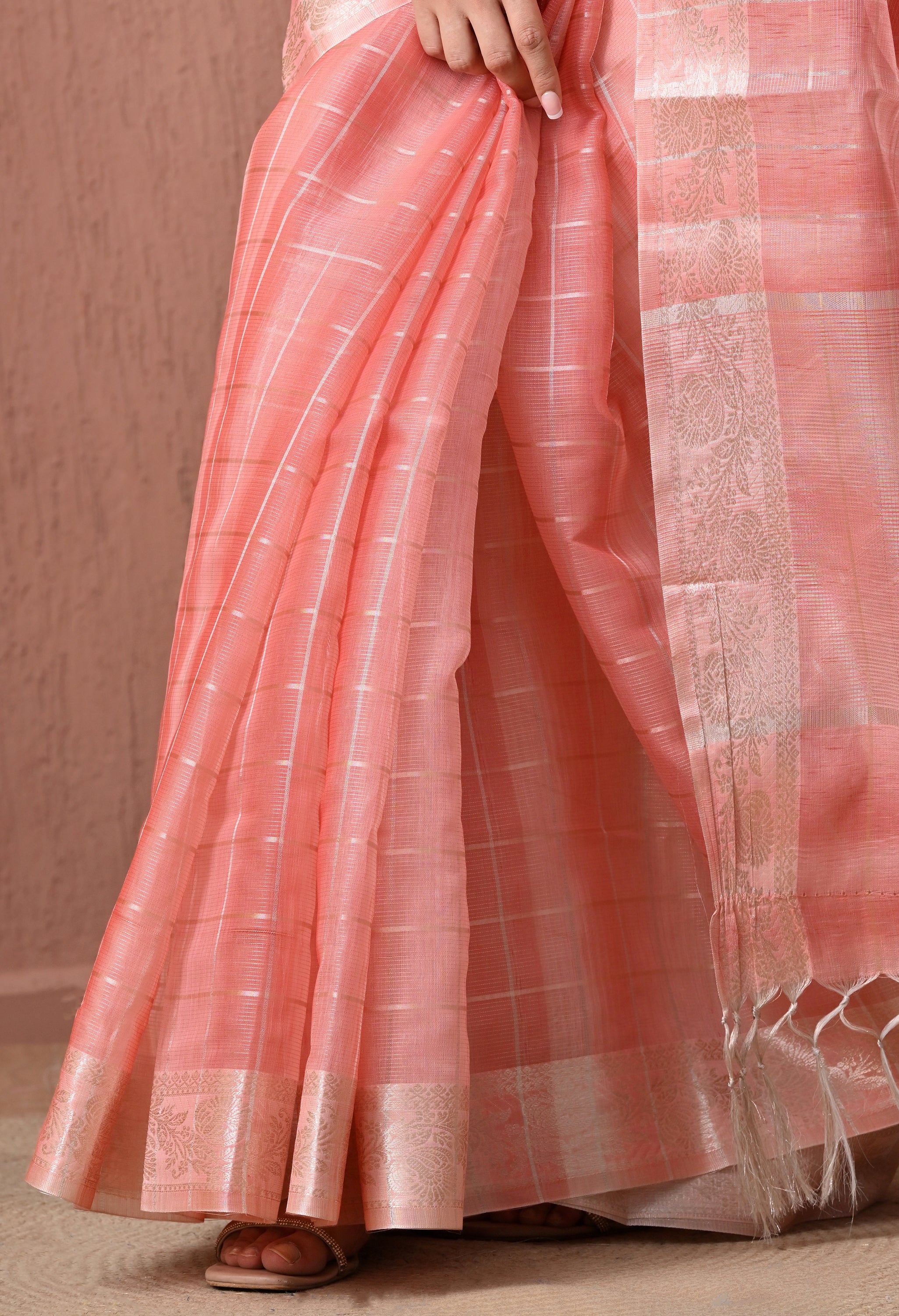 Elegant Peach Pure Cotton Saree with Zari Border and Checks