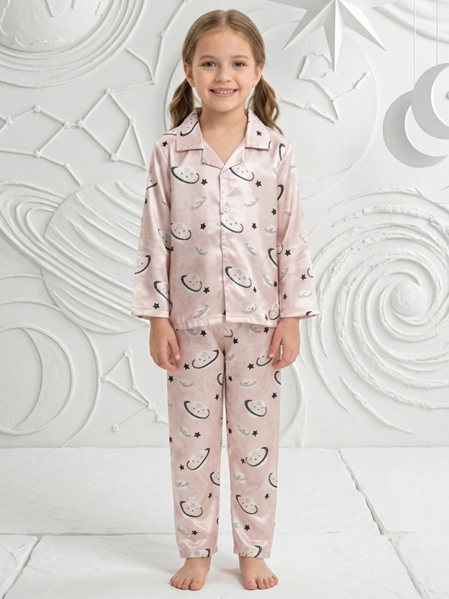 Girls Pink Celestial Printed Satin Night Suit Set