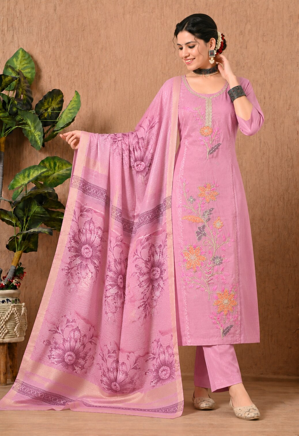 Pink Chanderi Silk Embroidered Straight Suit Set with Organza Dupatta