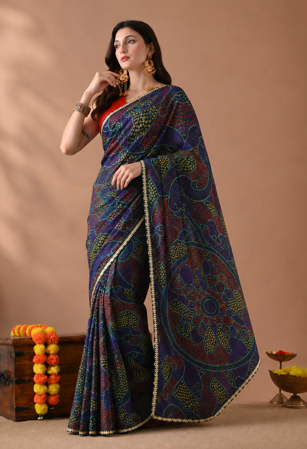 Multicolour Printed Georgette Saree with Traditional Paisley & Floral Motifs