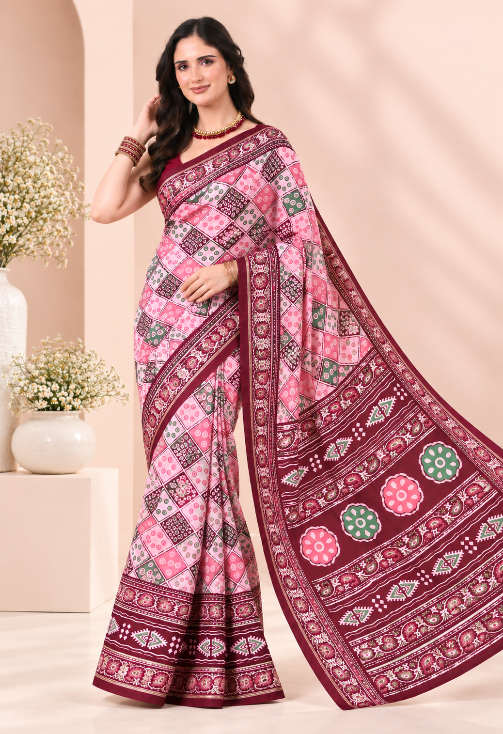 Elegant Pink Printed Saree with Geometric Floral Patterns & Rich Maroon Border