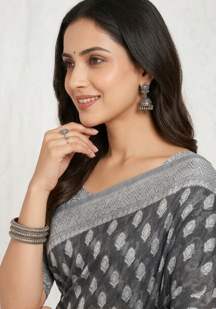 Black & Silver-Toned Woven Design Banarasi Saree with Unstitched Blouse Piece