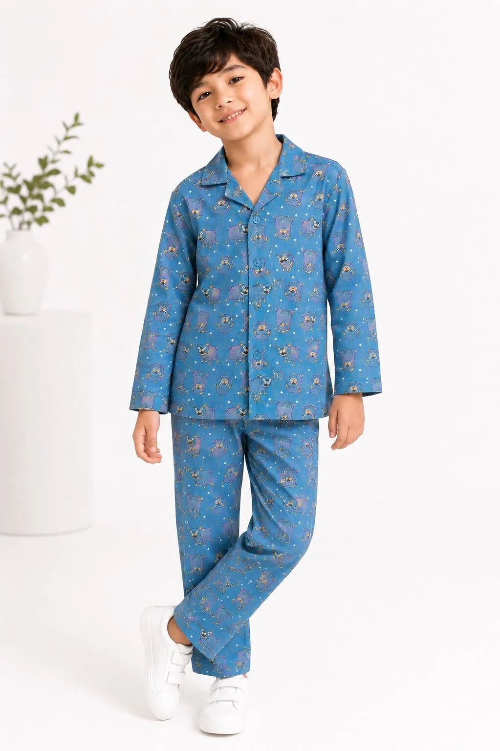 Teal Blue & Grey Hedgehog Print Pure Cotton Night Suit