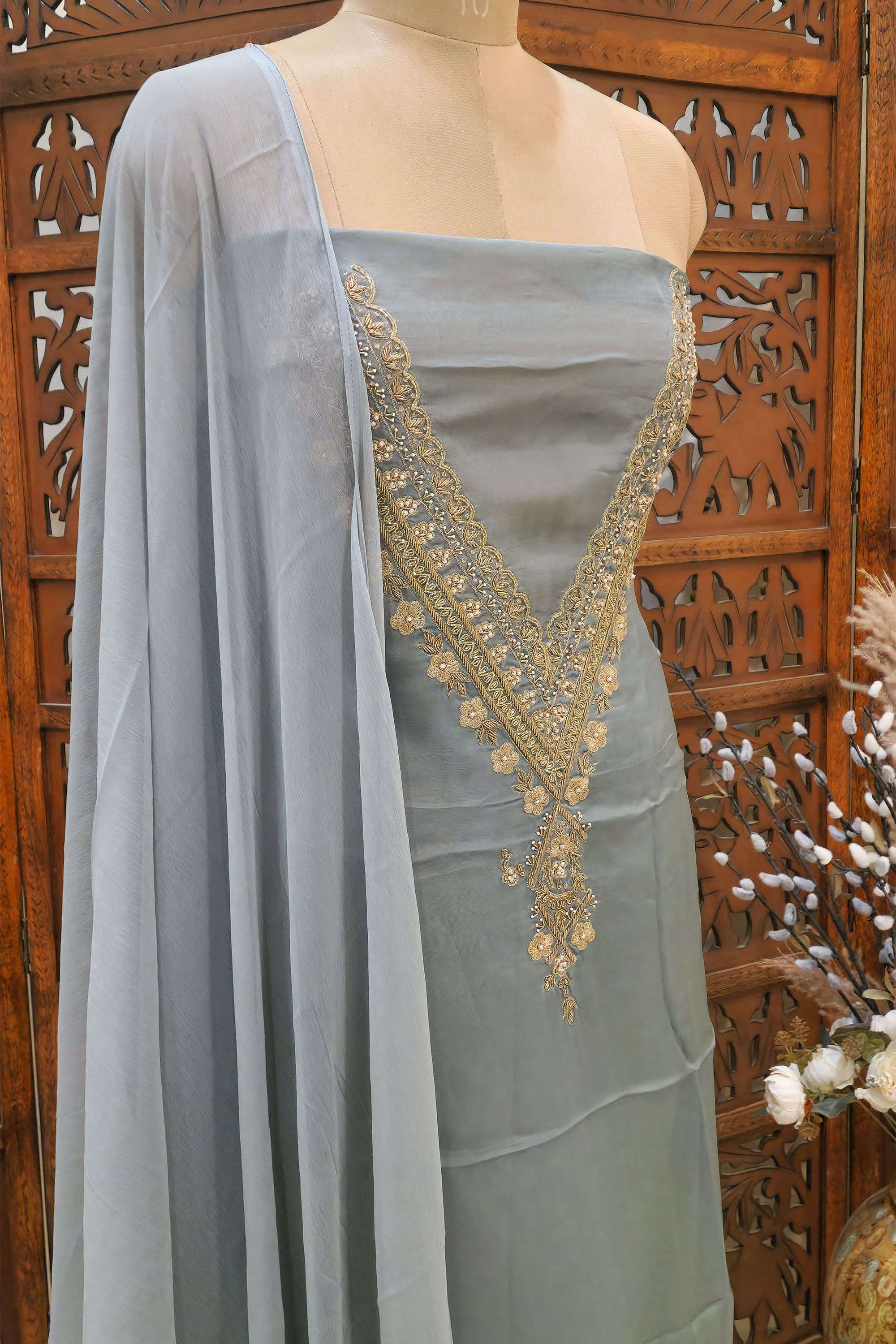 Grey Cotton Unstitched Suit Set