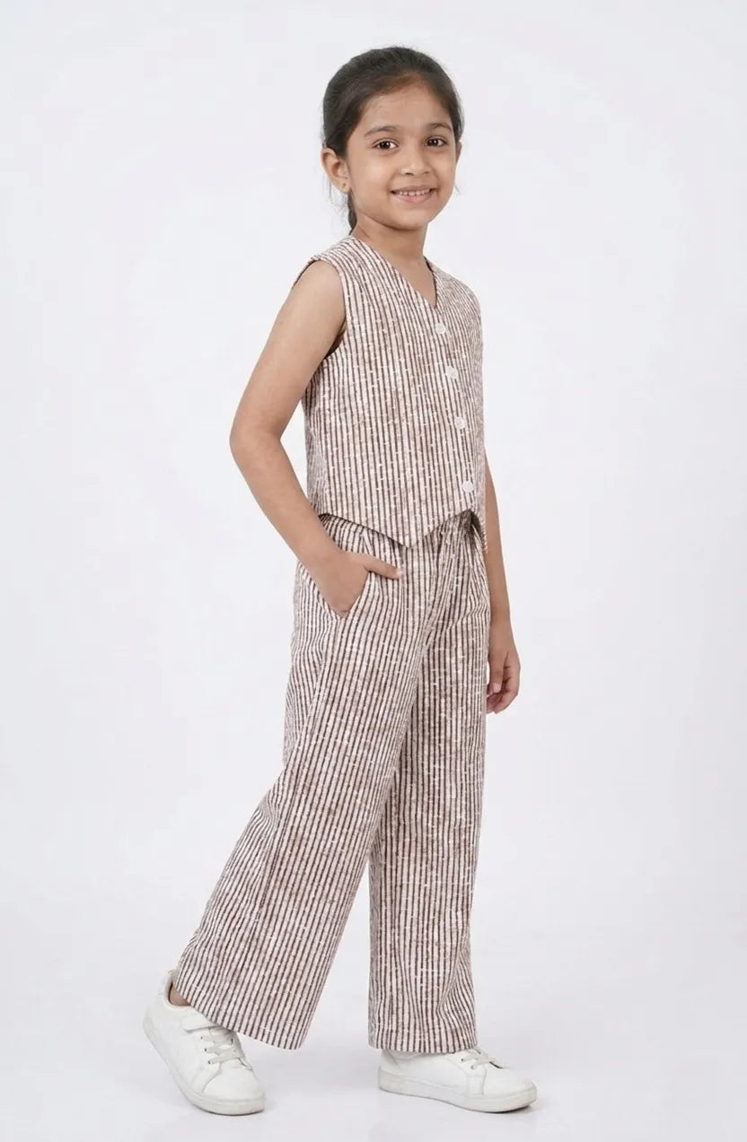 Girls Brown & White Striped Pure Cotton Waistcoat Style Co-ord Set