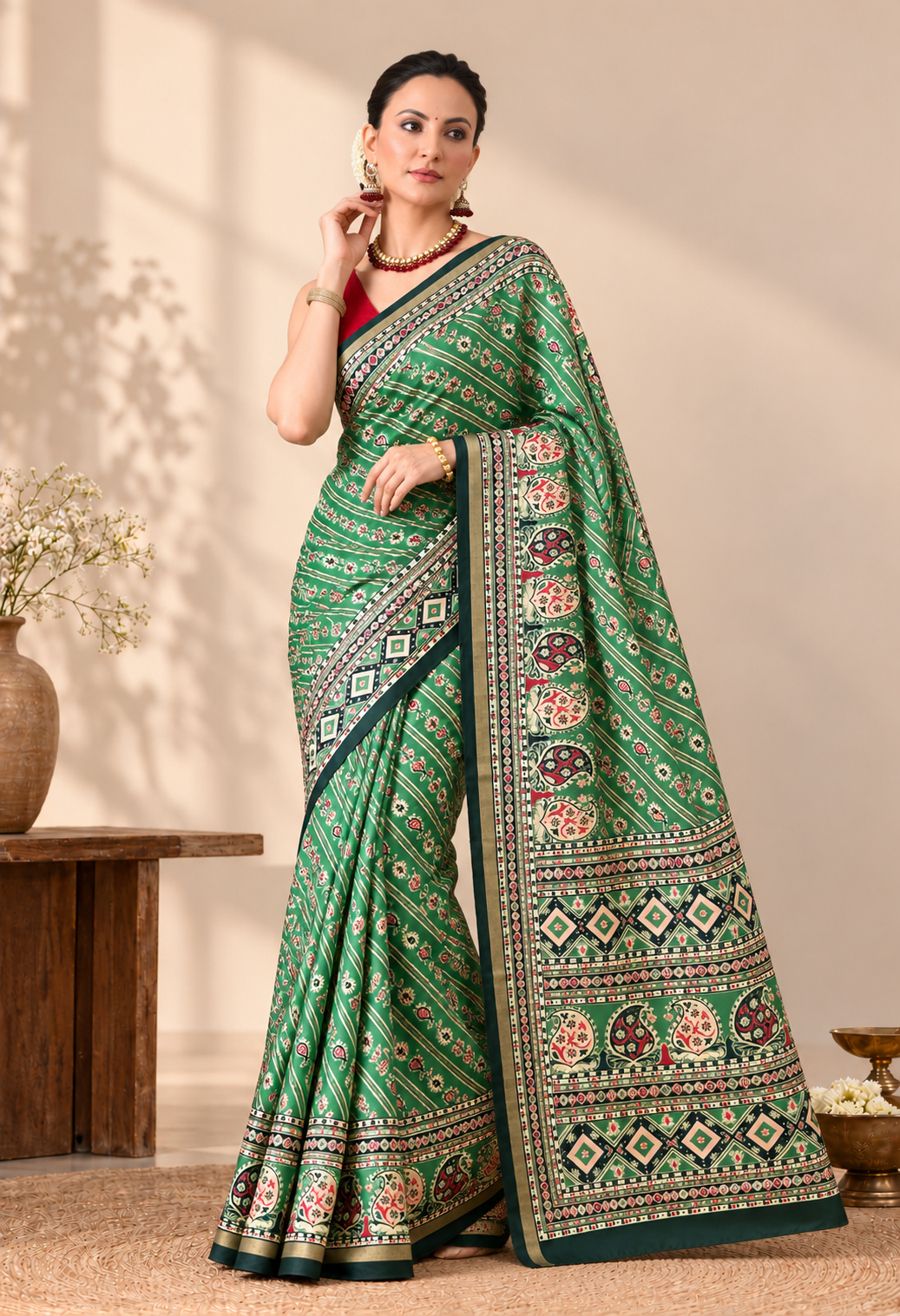Elegant Green Printed Saree with Intricate Traditional Border & Pallu