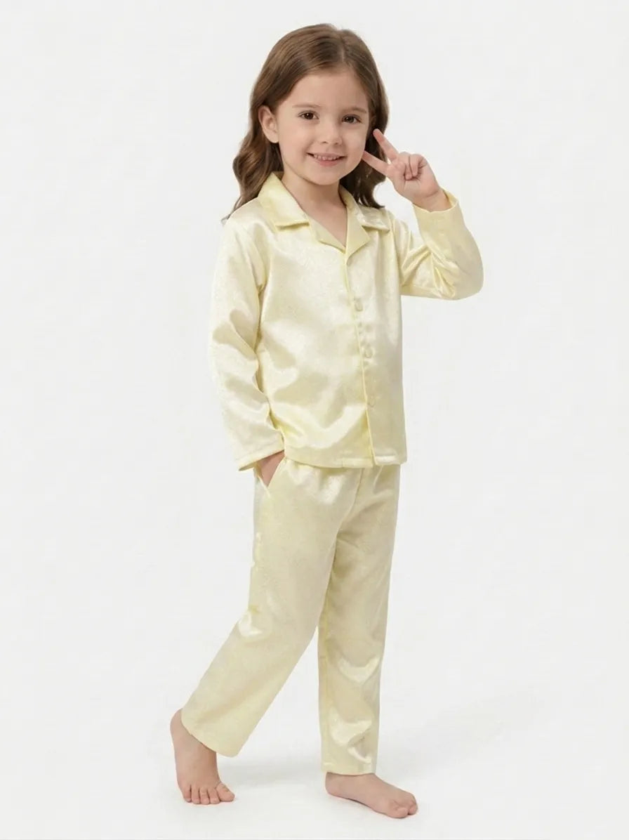Girls Luxurious Solid Satin Night Suit – Comfortable Full-Sleeve Button-Down Shirt & Pyjama Set