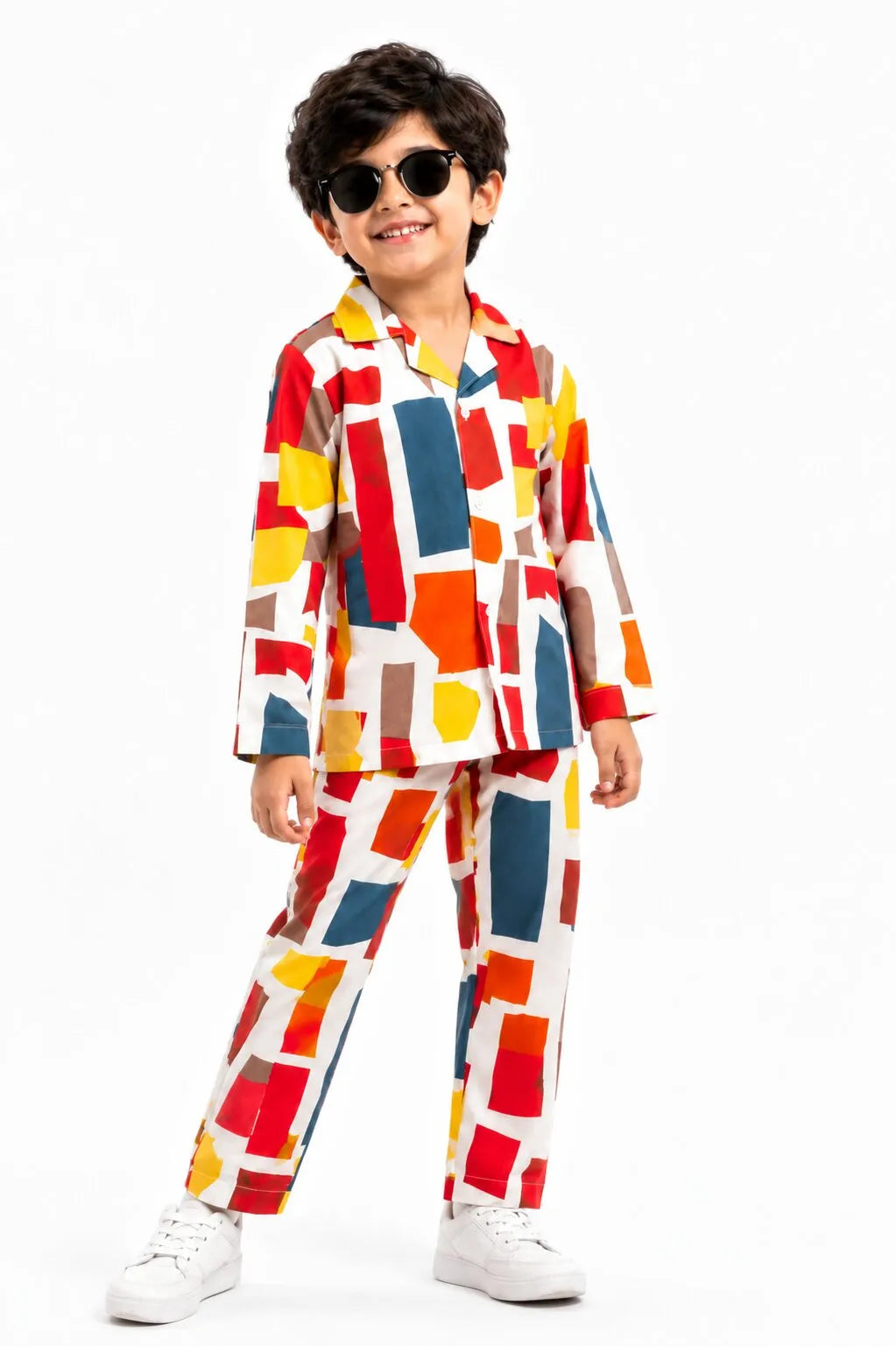 Boys Multi-Colored Abstract Geometric Print Pure Cotton Night Suit