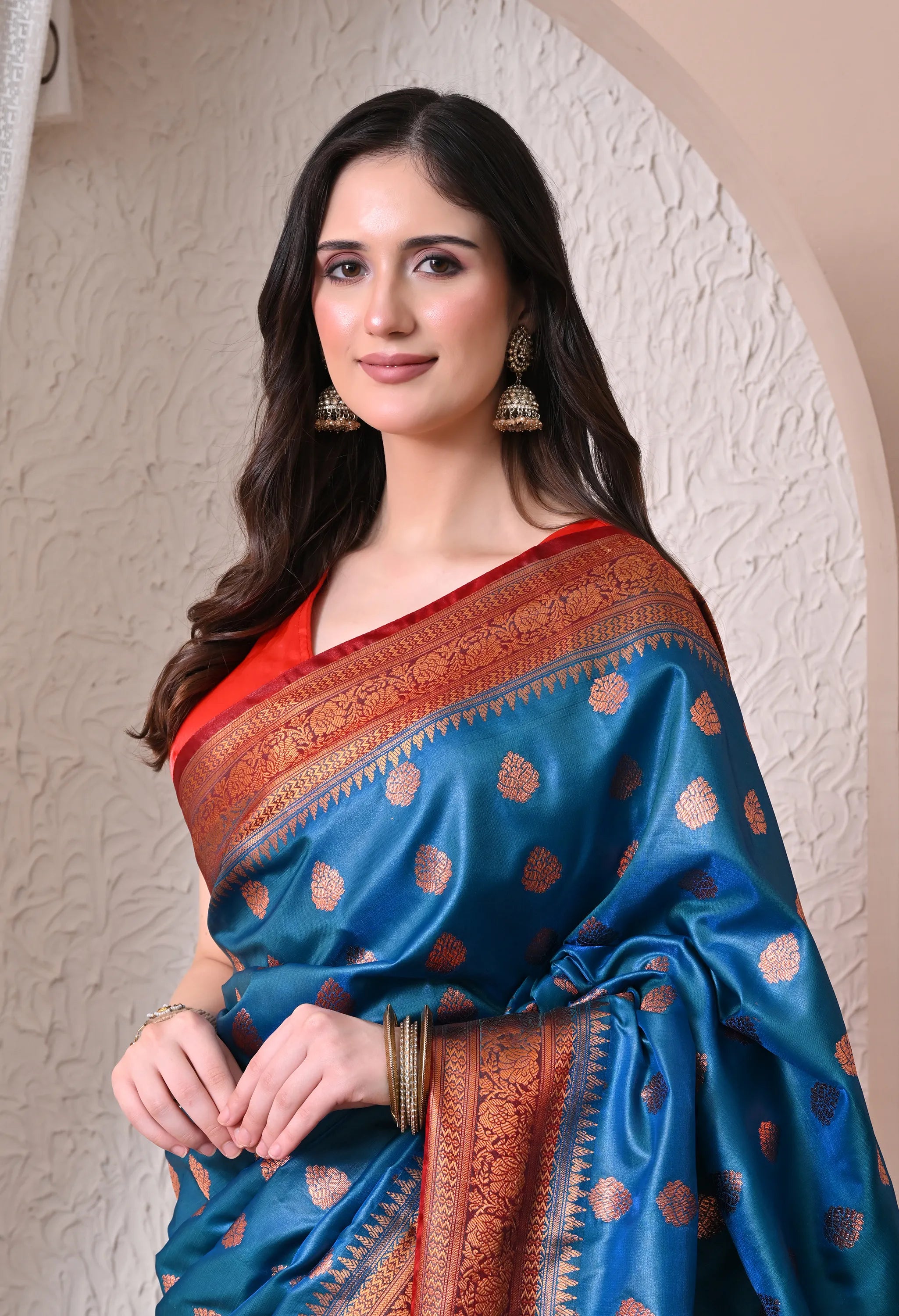 Silk Blend Saree in Peacock Blue & Crimson Red