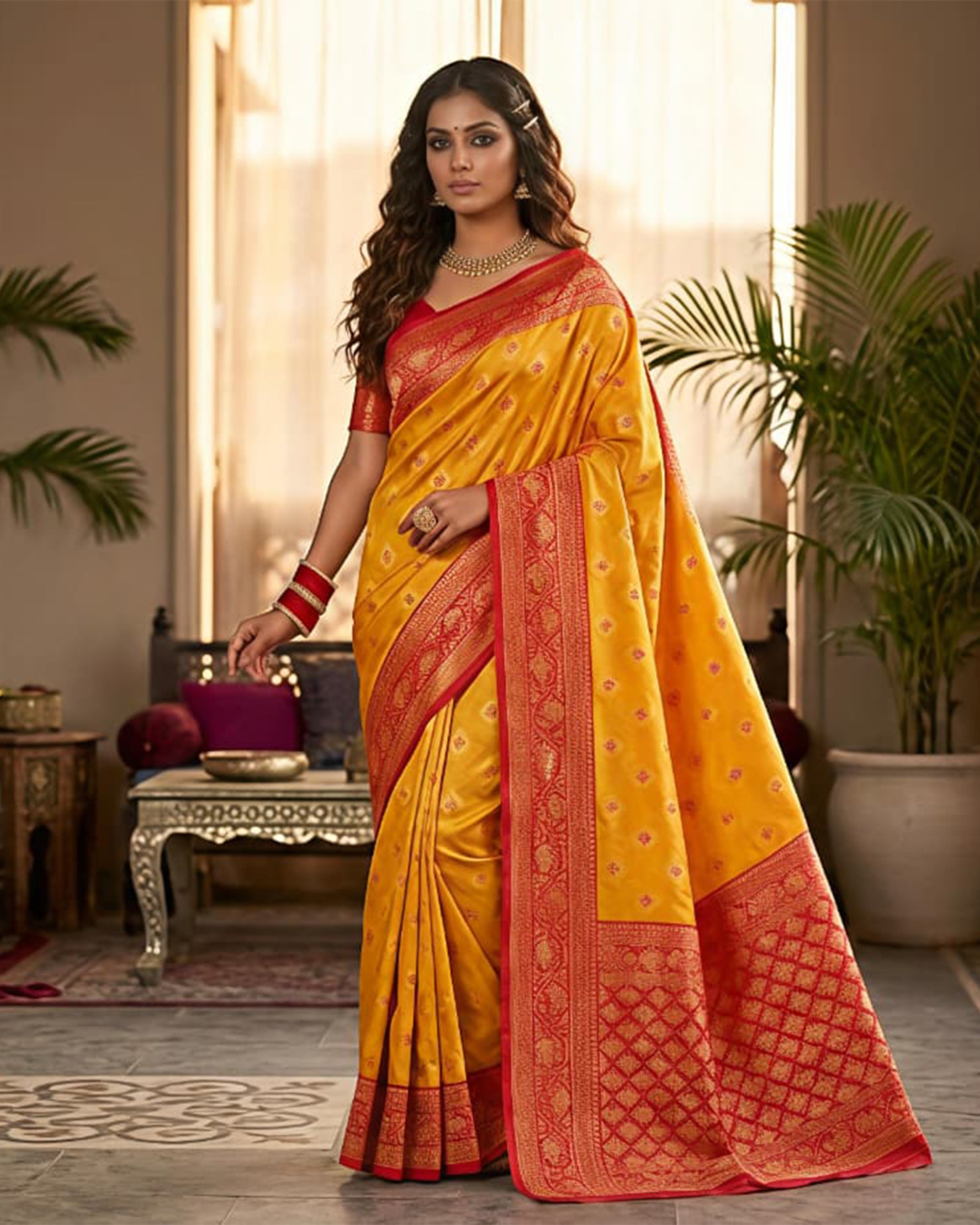 Mustard Yellow & Red Woven Design Art Silk Kanjeevaram Style Saree