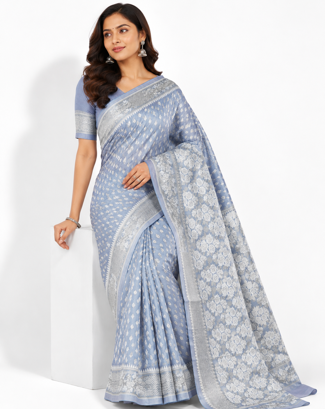 Grey & Off-White Floral Woven Design Organza Banarasi Saree with Unstitched Blouse