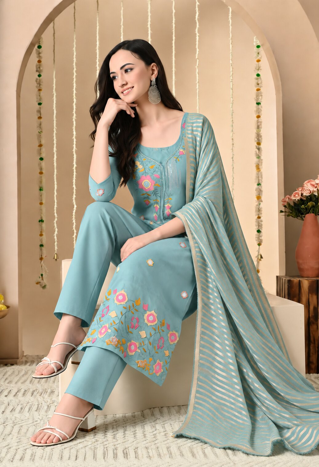 Aqua Blue Chanderi Silk Embroidered Suit Set with Organza Dupatta