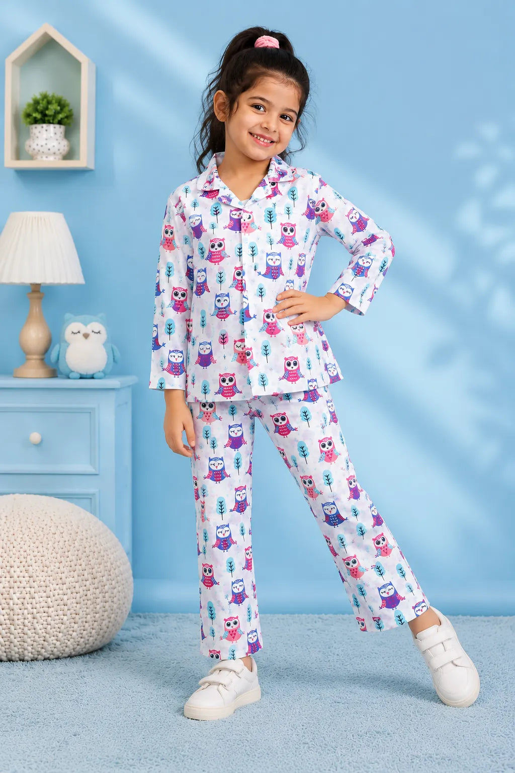 Kids' White & Purple Owl Print Pure Cotton Girls Night Suit