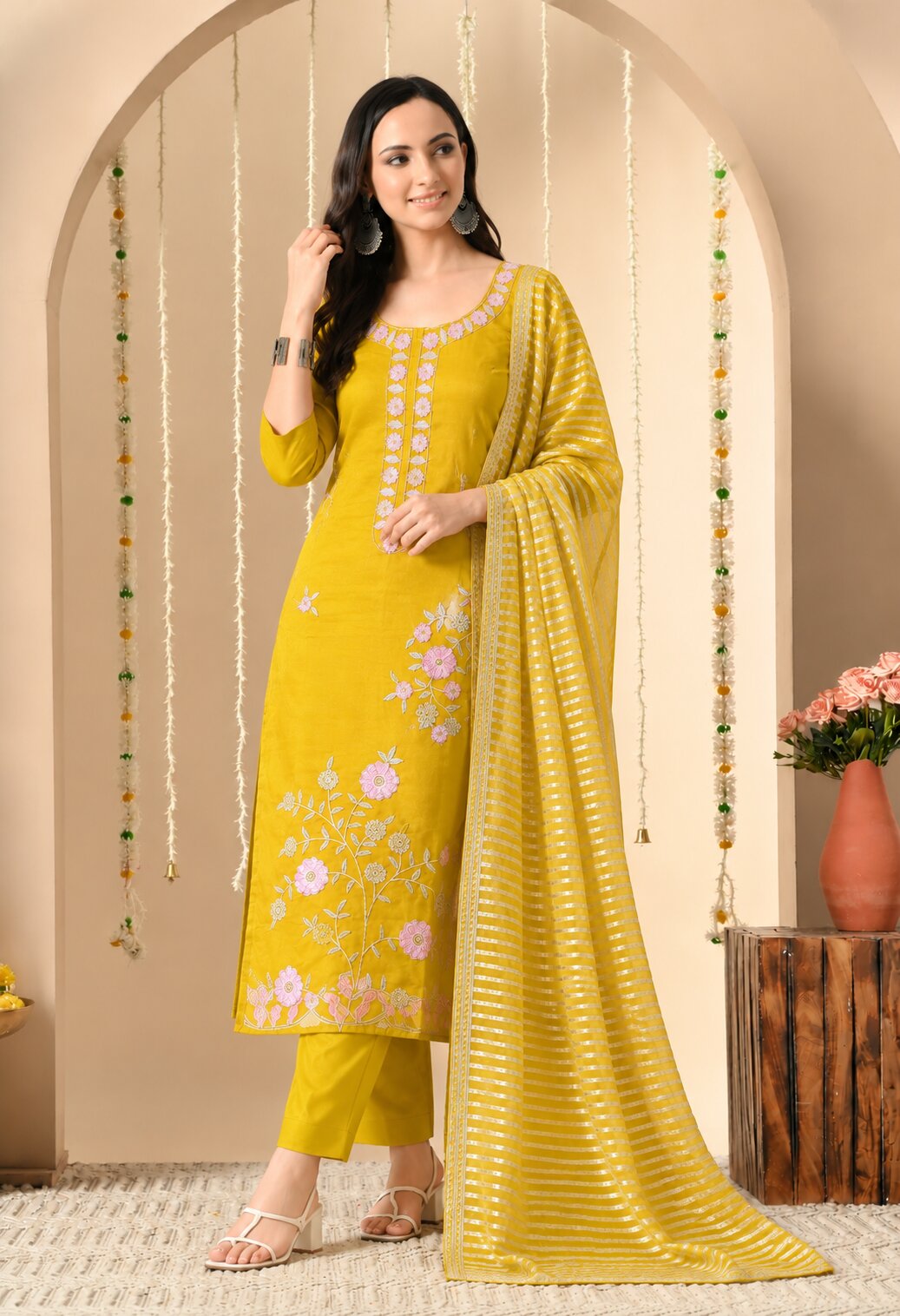 Mustard Yellow Chanderi Silk Suit Set with Floral Embroidery and Striped Dupatta