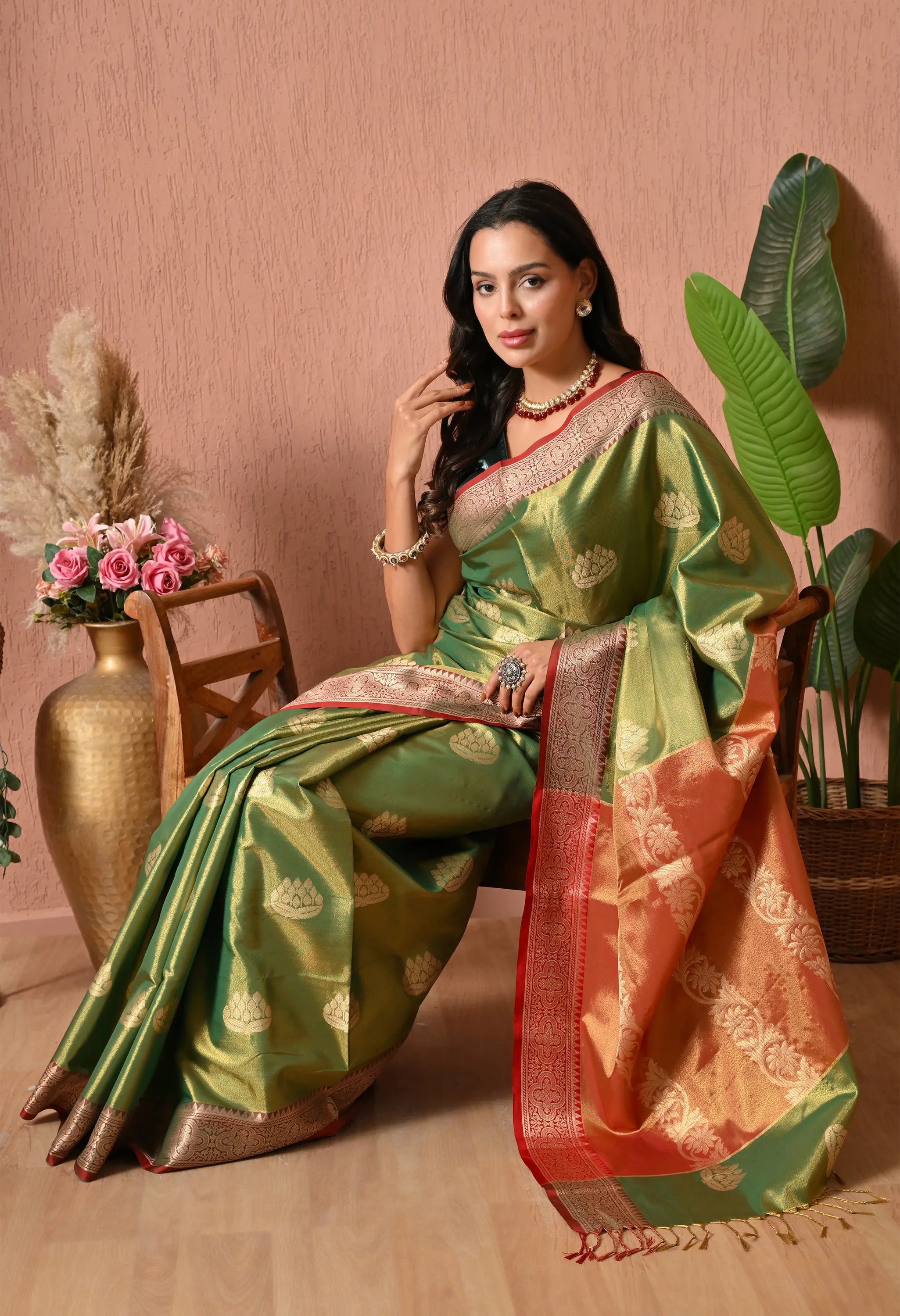 Silk Blend Saree in Olive Green & Crimson Rust