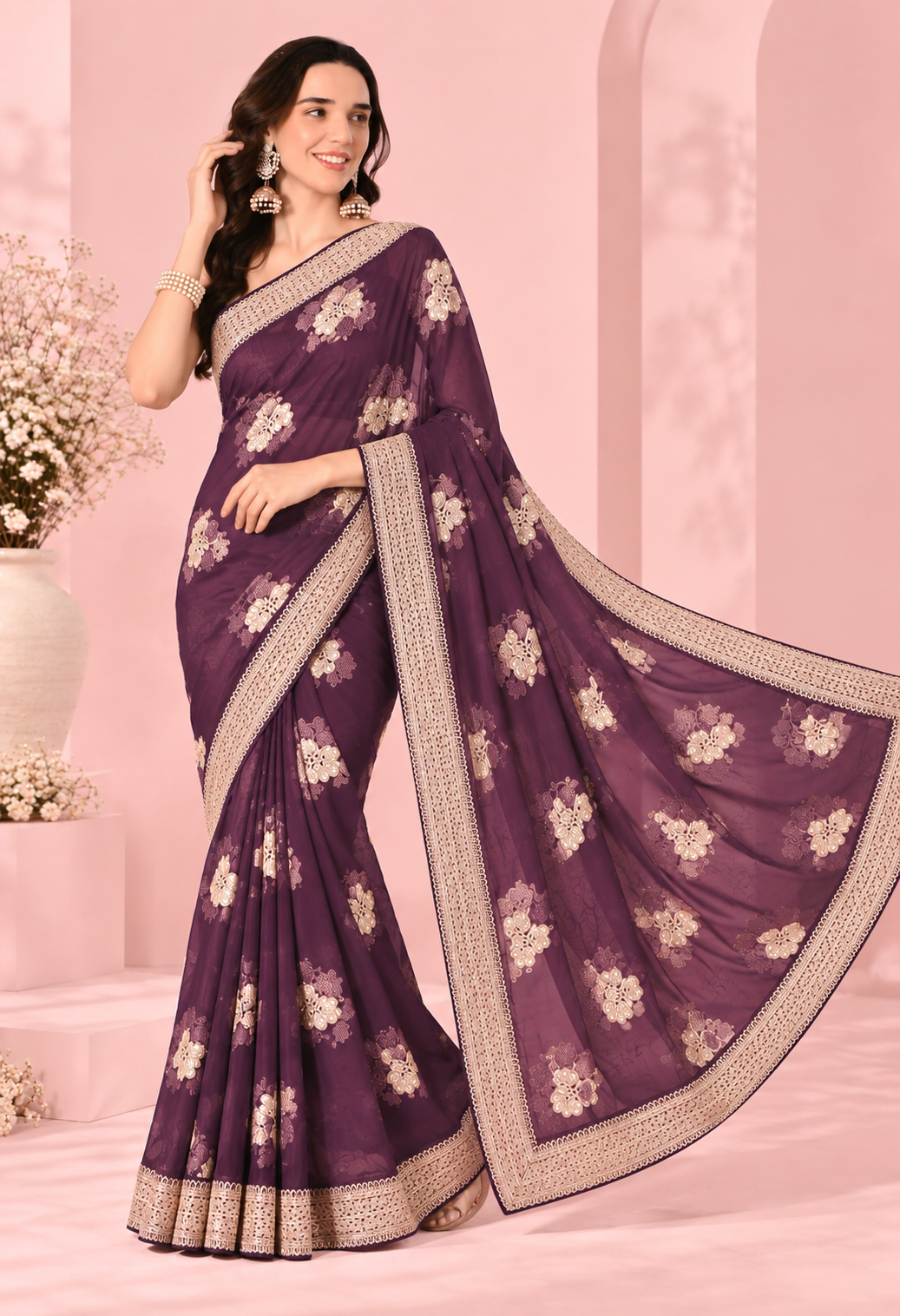 Elegant Plum Purple Floral Printed Saree with Intricate Golden Border