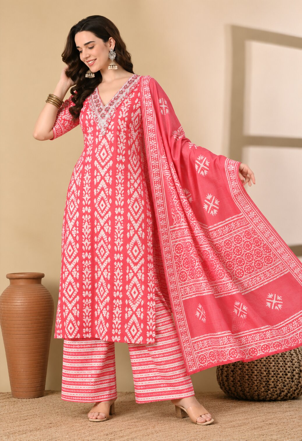 Red Cotton Printed Suit Set with Matching Cotton Dupatta