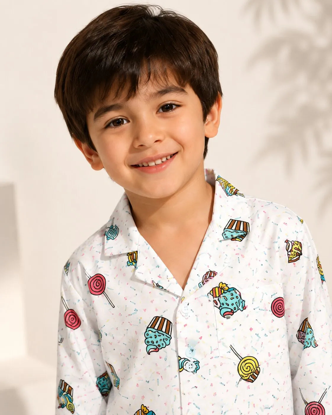 Kids White & Multi-Coloured Printed Satin Night Suit