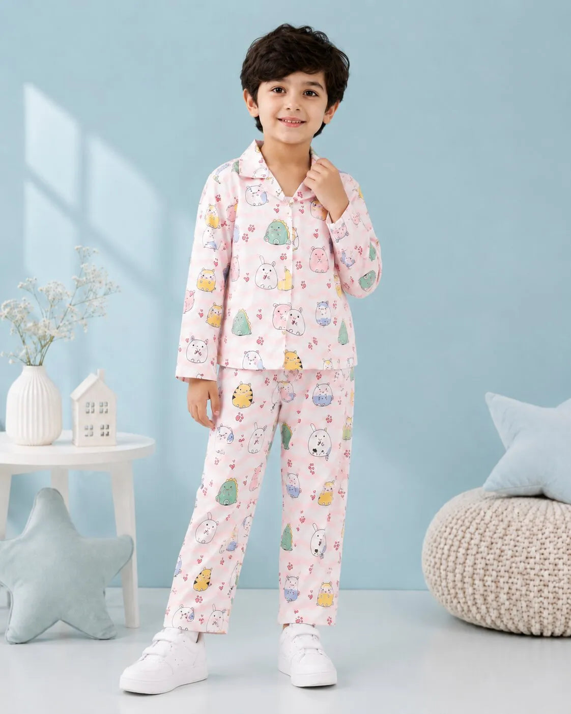 Boys' Whimsical Animal & Wave Print Premium Satin Night Suit – Full Sleeve Shirt & Pajama Set