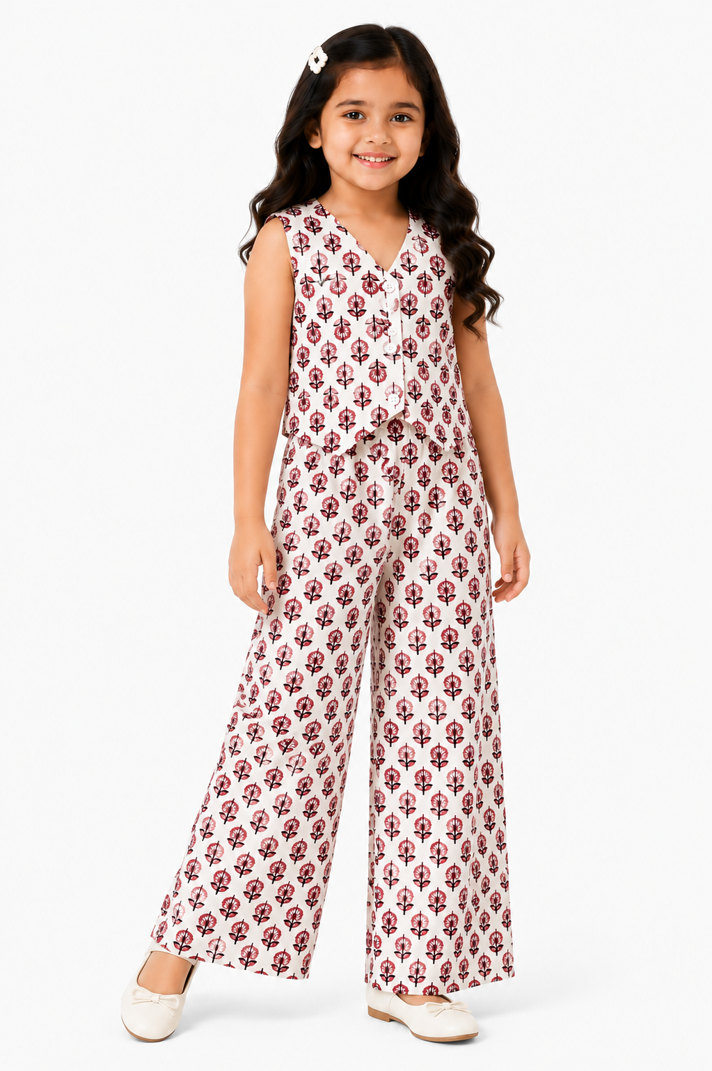 Girls Pure Cotton Printed Vest Style Crop Top and Wide-Leg Trousers Co-Ord Set
