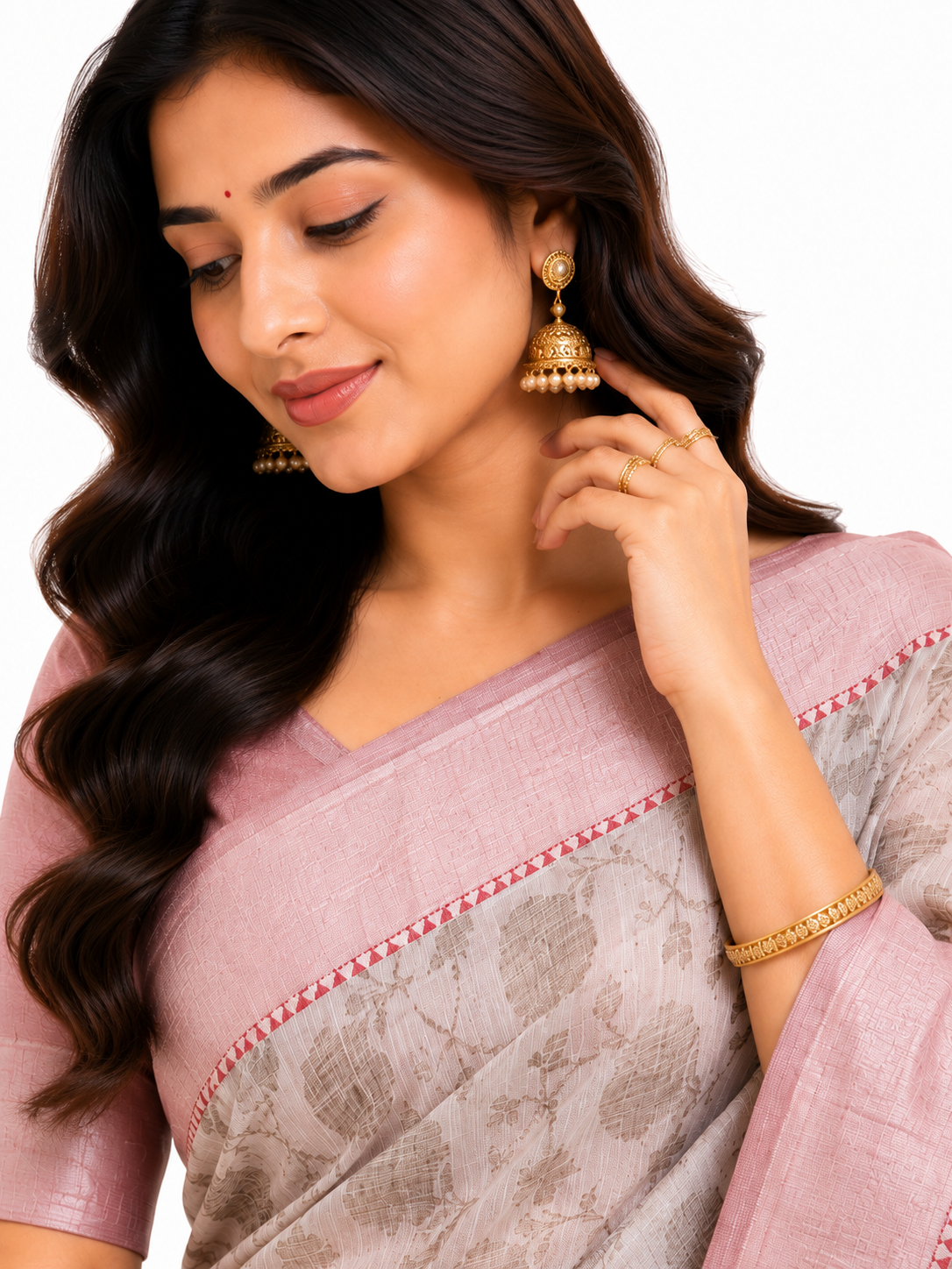 Off-White & Dusty Rose Floral Printed Art Silk Saree with Zari Border