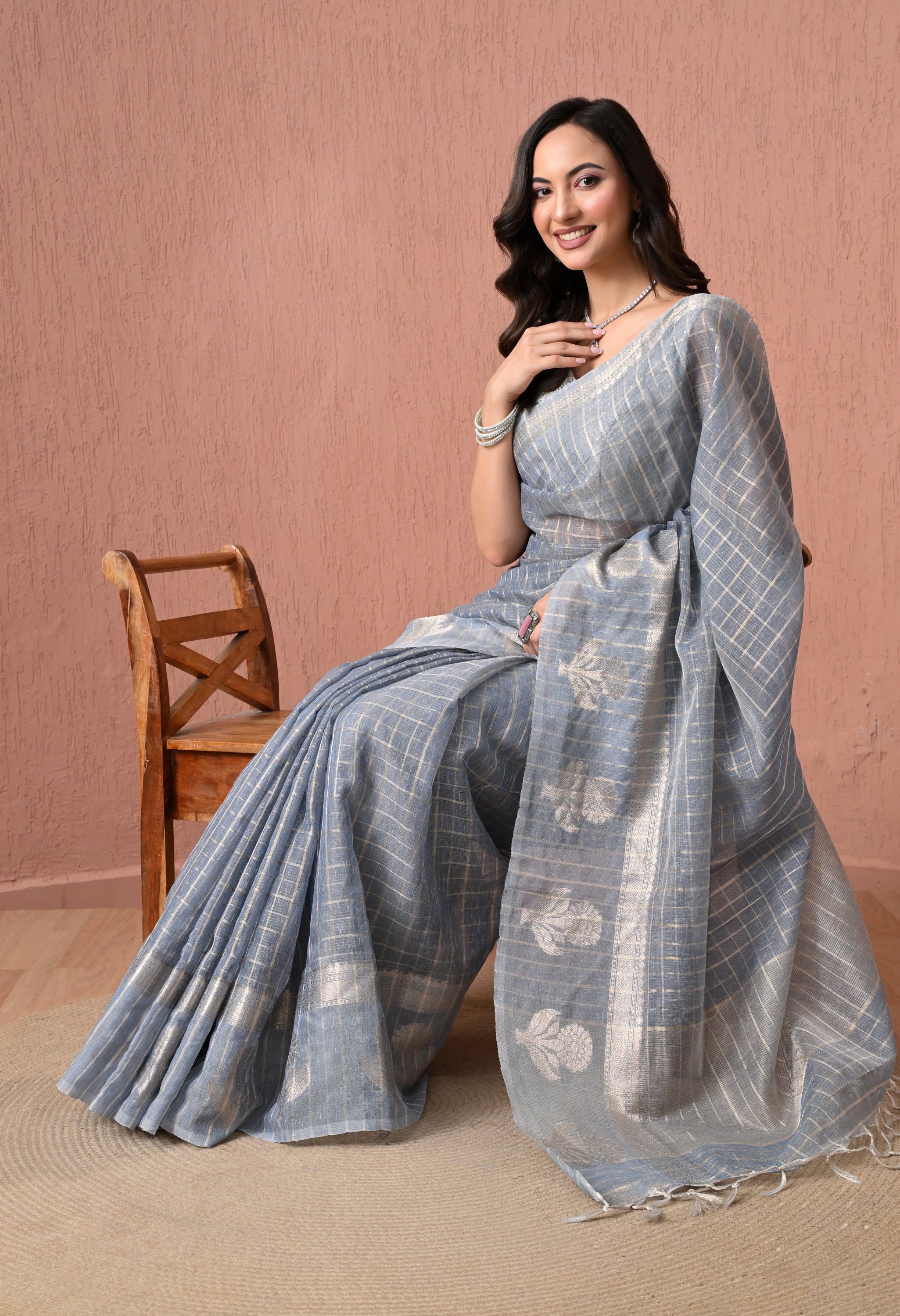 Elegant Steel Grey Cotton Checked Saree with Silver Zari Details