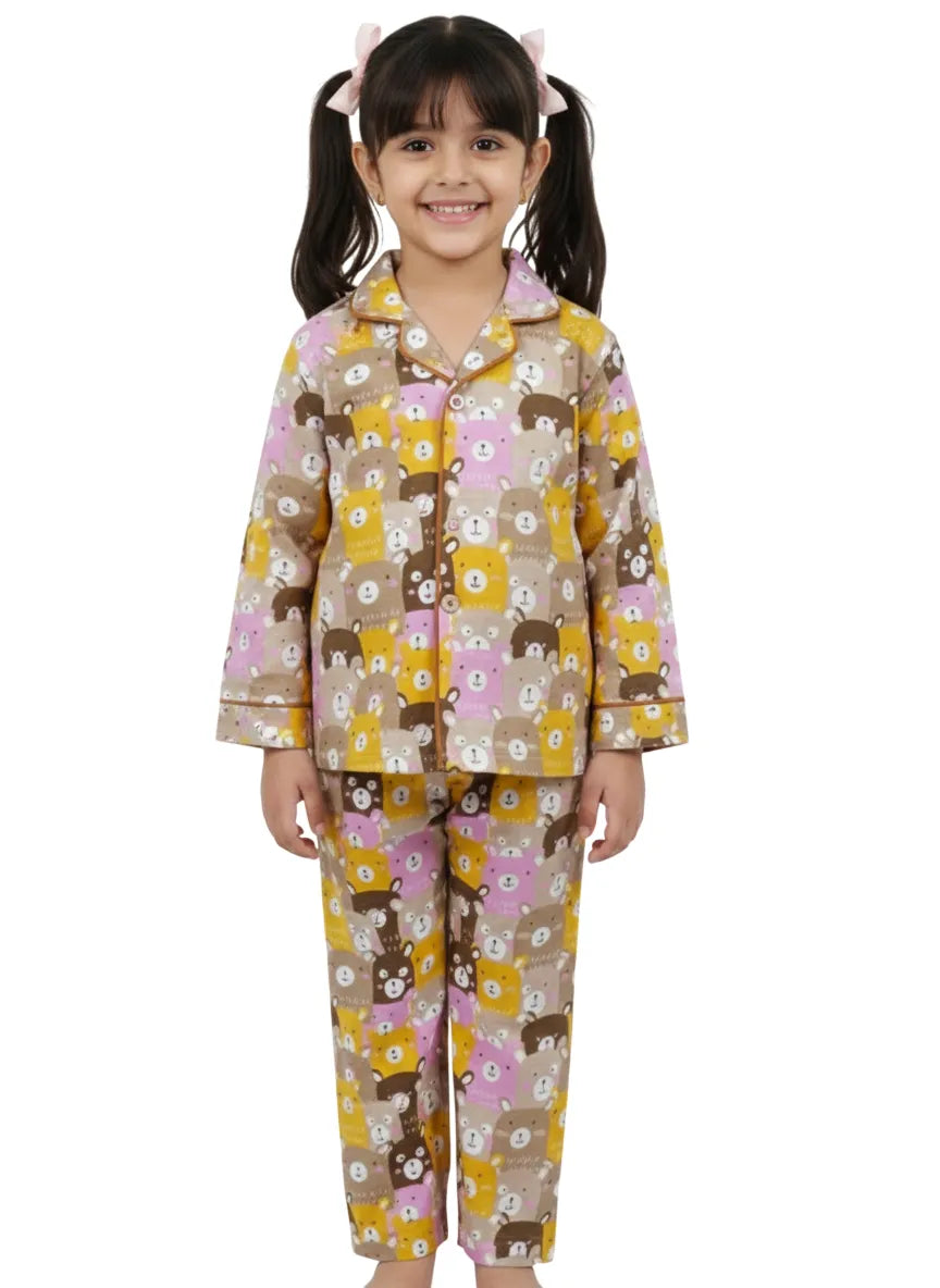 Kids Girls Full Sleeve Collared Pure Cotton Night Suit