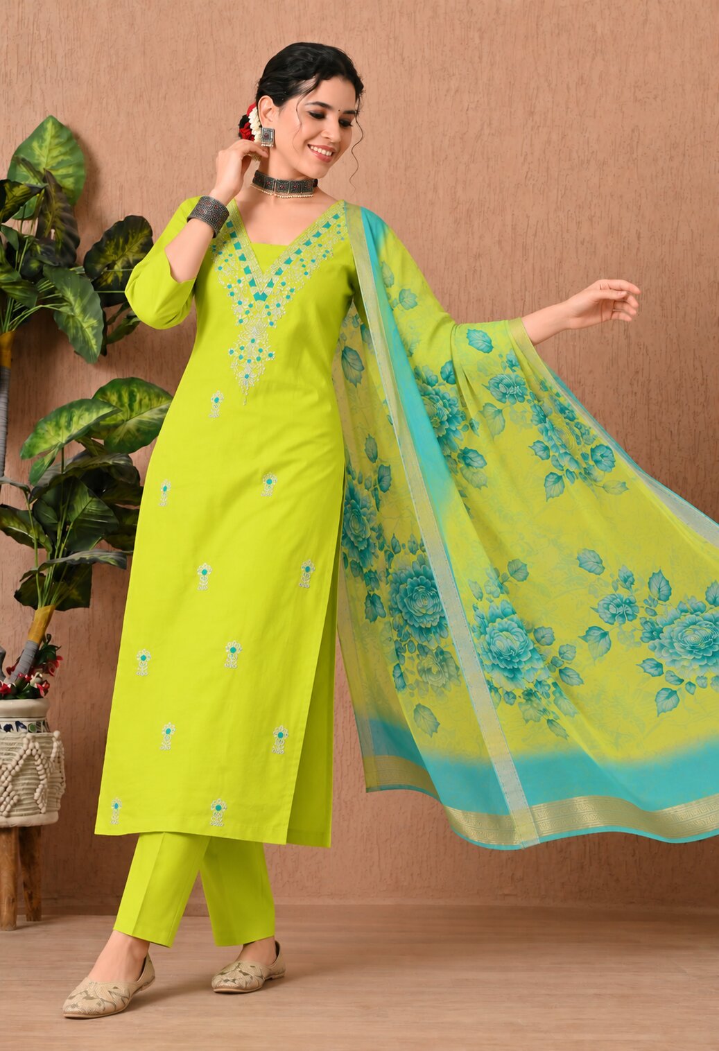 Lime Green Chanderi Silk Embroidered Suit Set with Organza Dupatta
