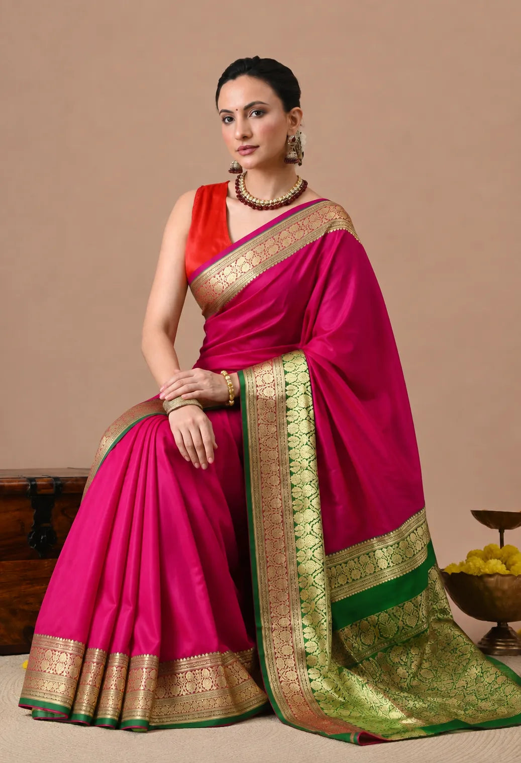 Rani Pink Silk Saree with Zari Borders and Green Contrast Pallu