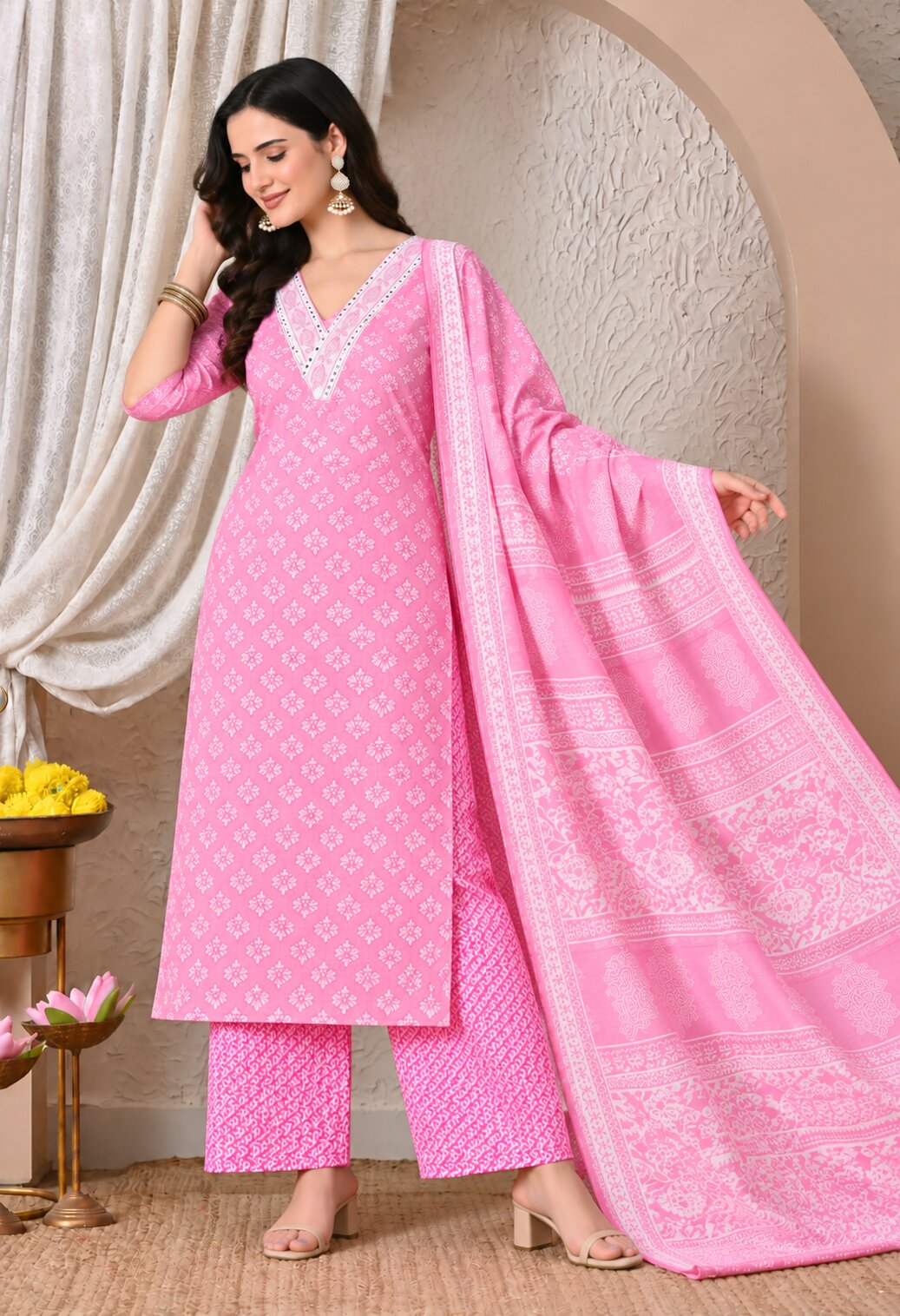 Pink Cotton Printed Straight Suit Set with Matching Cotton Dupatta