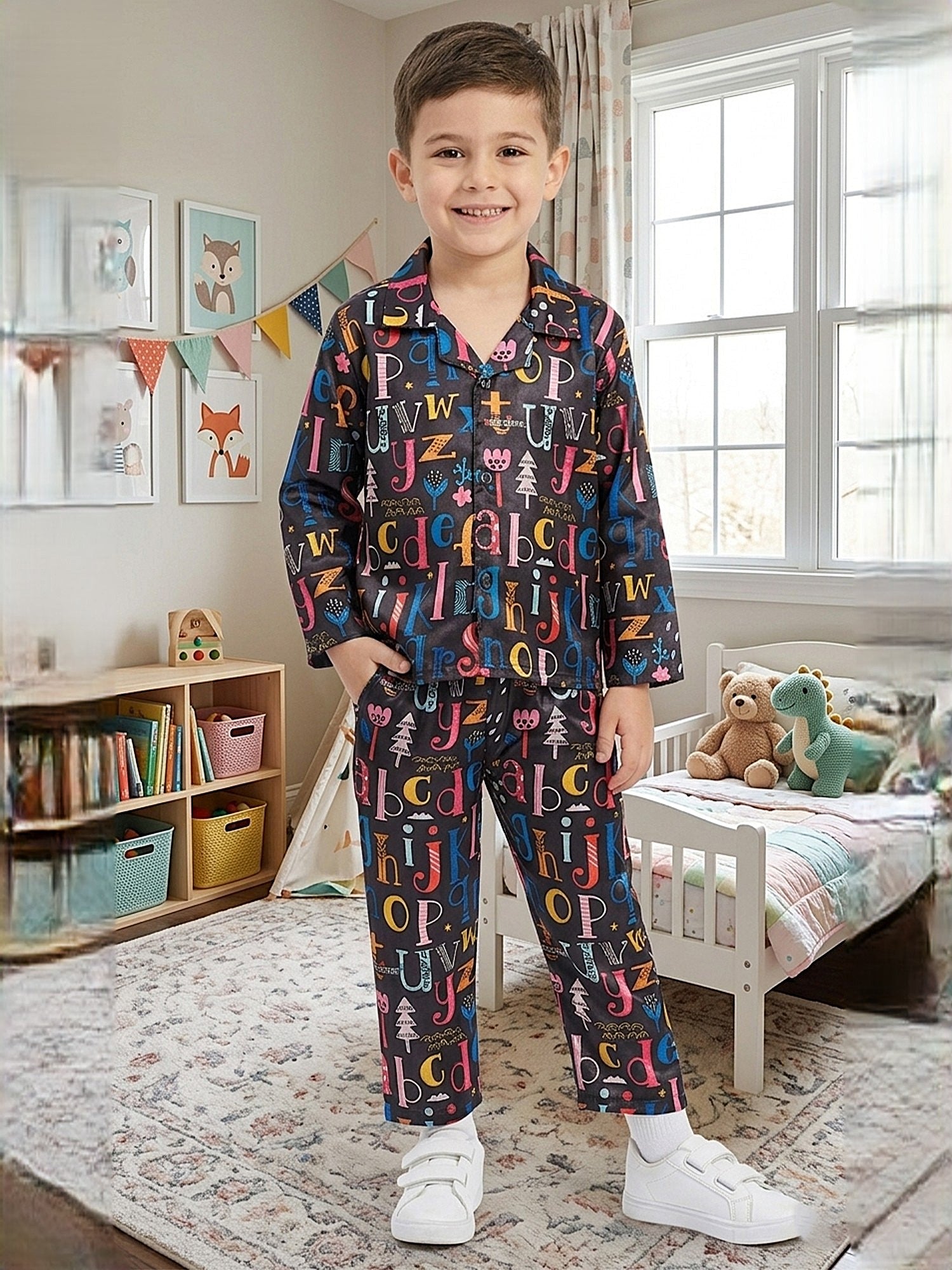Boys Black Alphabet Print Nightsuit - Full Sleeves Shirt & Pyjamas Set