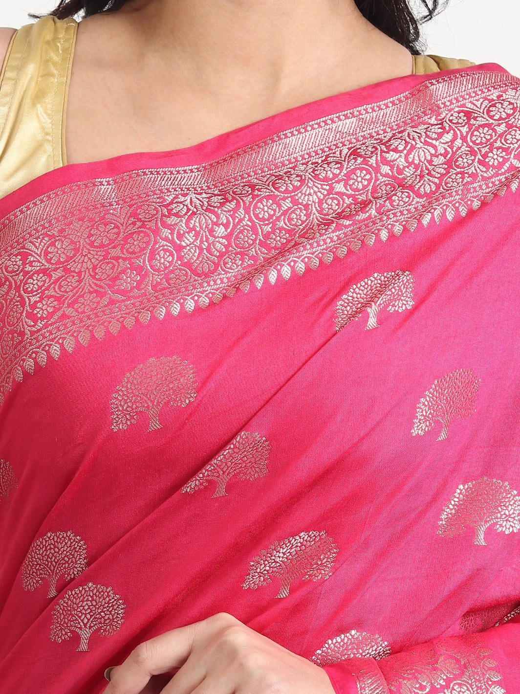 Cotton Silk Banarasi Saree With Unstitched Blouse - Hot Pink