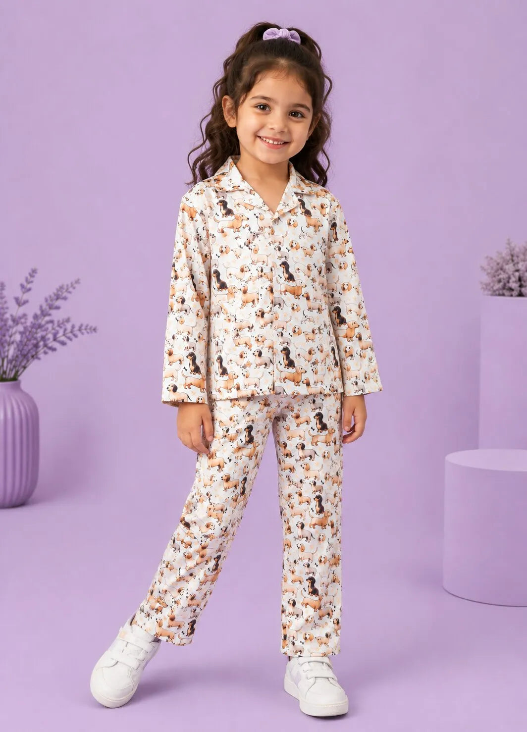 Girls Satin Dog Print Night Suit Set – Cream