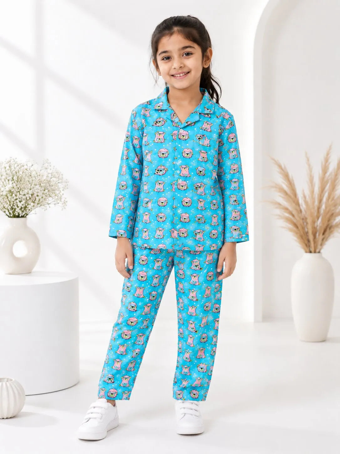 Girls  Pure Cotton Blue & Pink Puppy Print Night Suit