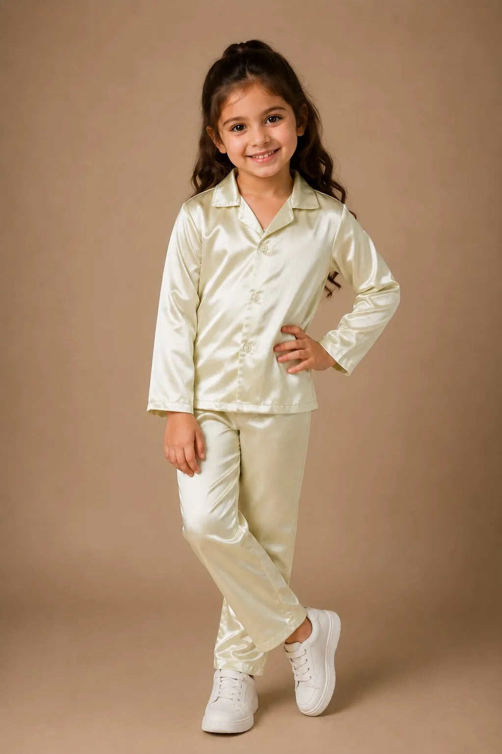 Girls Luxurious Solid Satin Night Suit – Comfortable Full-Sleeve Button-Down Shirt & Pyjama Set