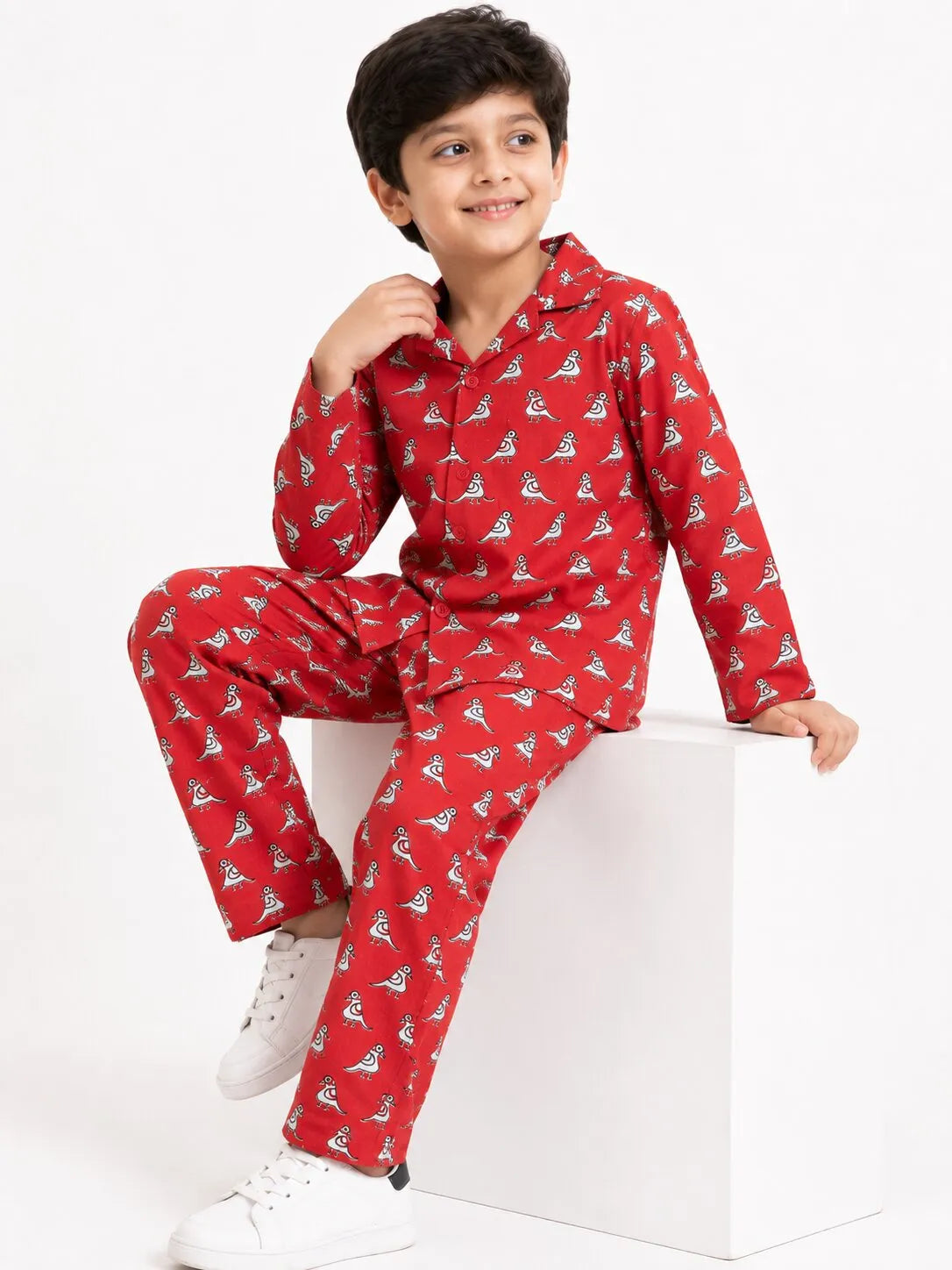 Boys Red & White Bird Print Cotton Night Suit