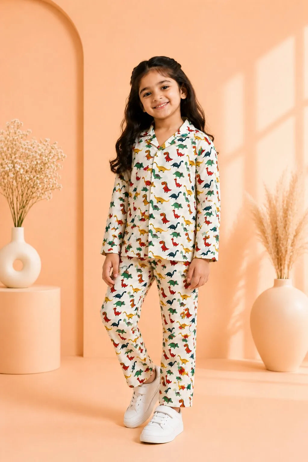 Kids' Dinosaur Print Cotton Girls Night Suit