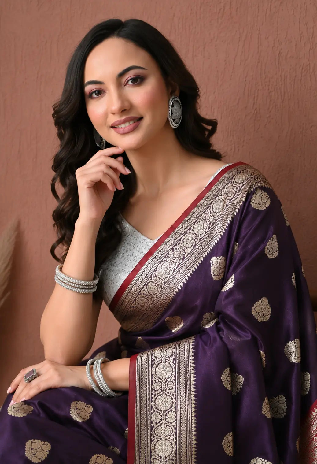 Regal Deep Purple Silk Blend Banarasi Saree with Zari Weaving