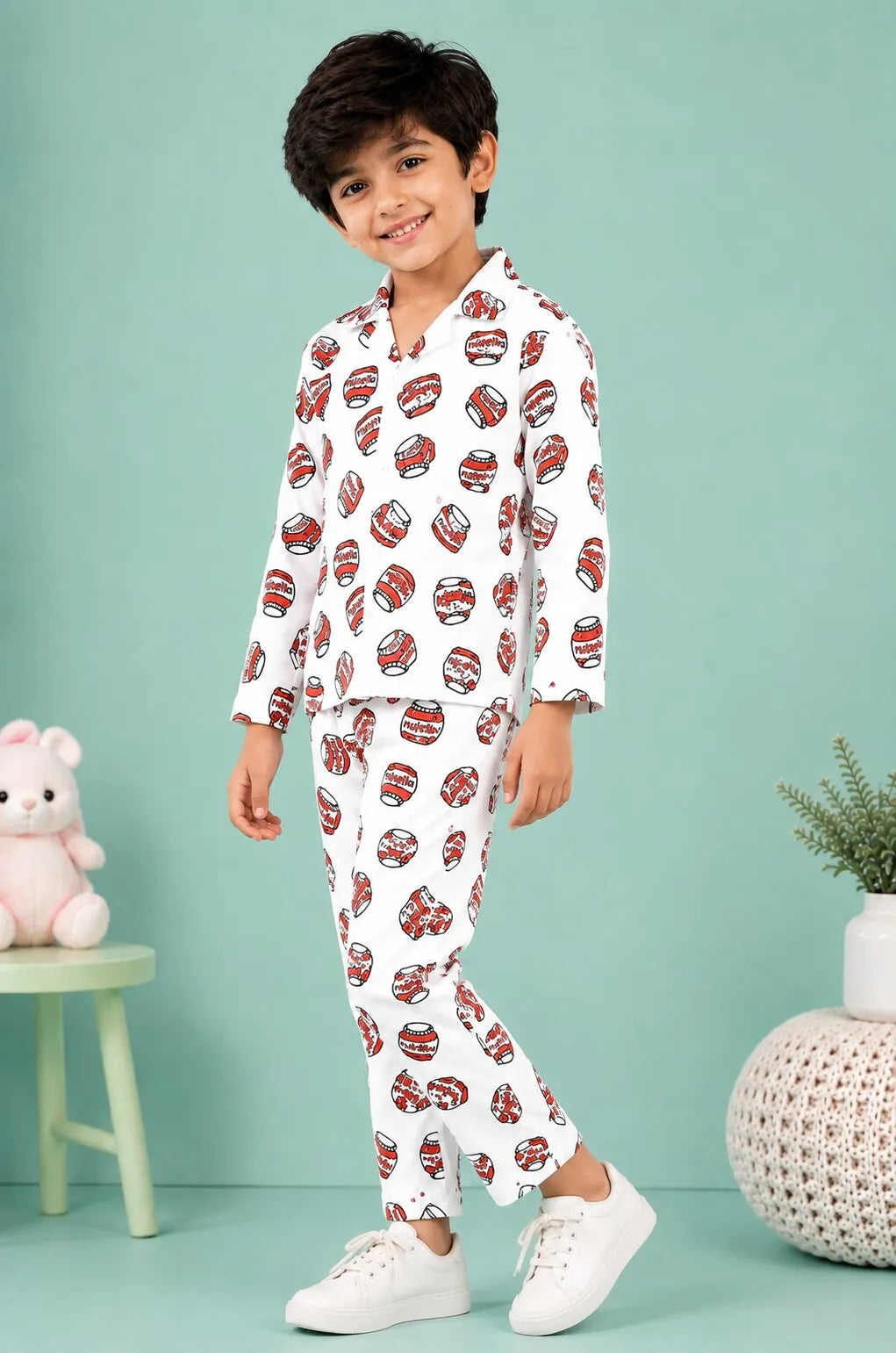 Kids' Satin Nutella Print Night Suit – White & Red